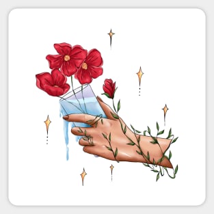 Aesthetic hand and red flowers Sticker